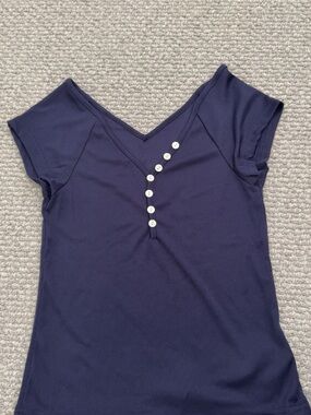 Women’s Navy Short Sleeve V-Neck Top with Button Accent